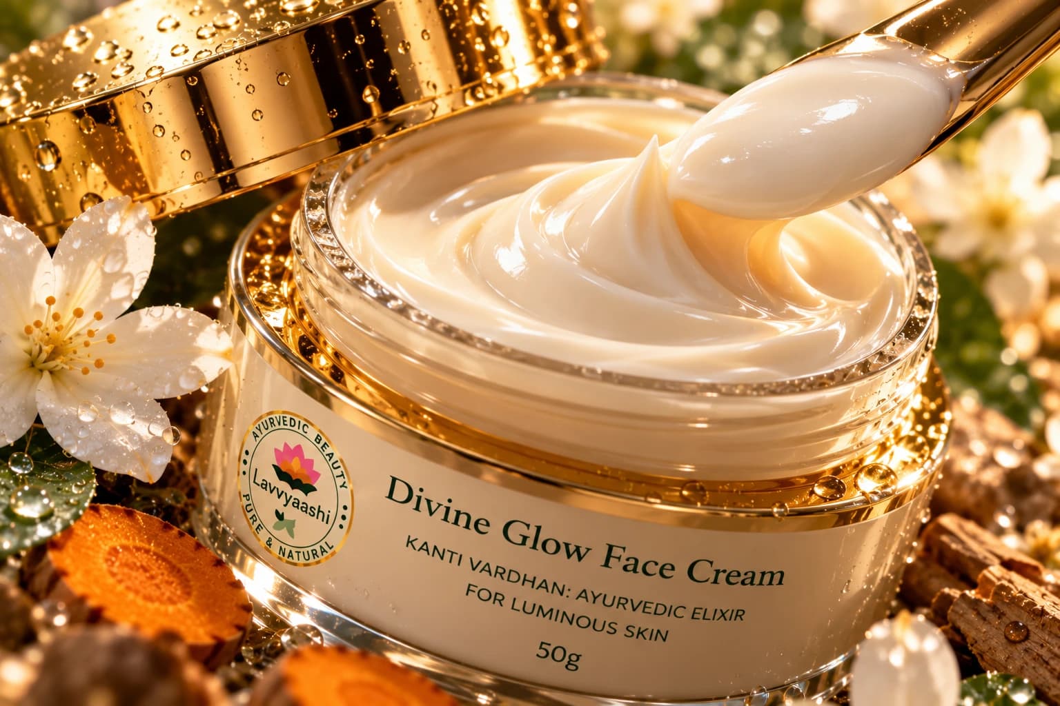 Divine Glow Ayurvedic Cream Jar Macro Shot with Spatula and Botanicals